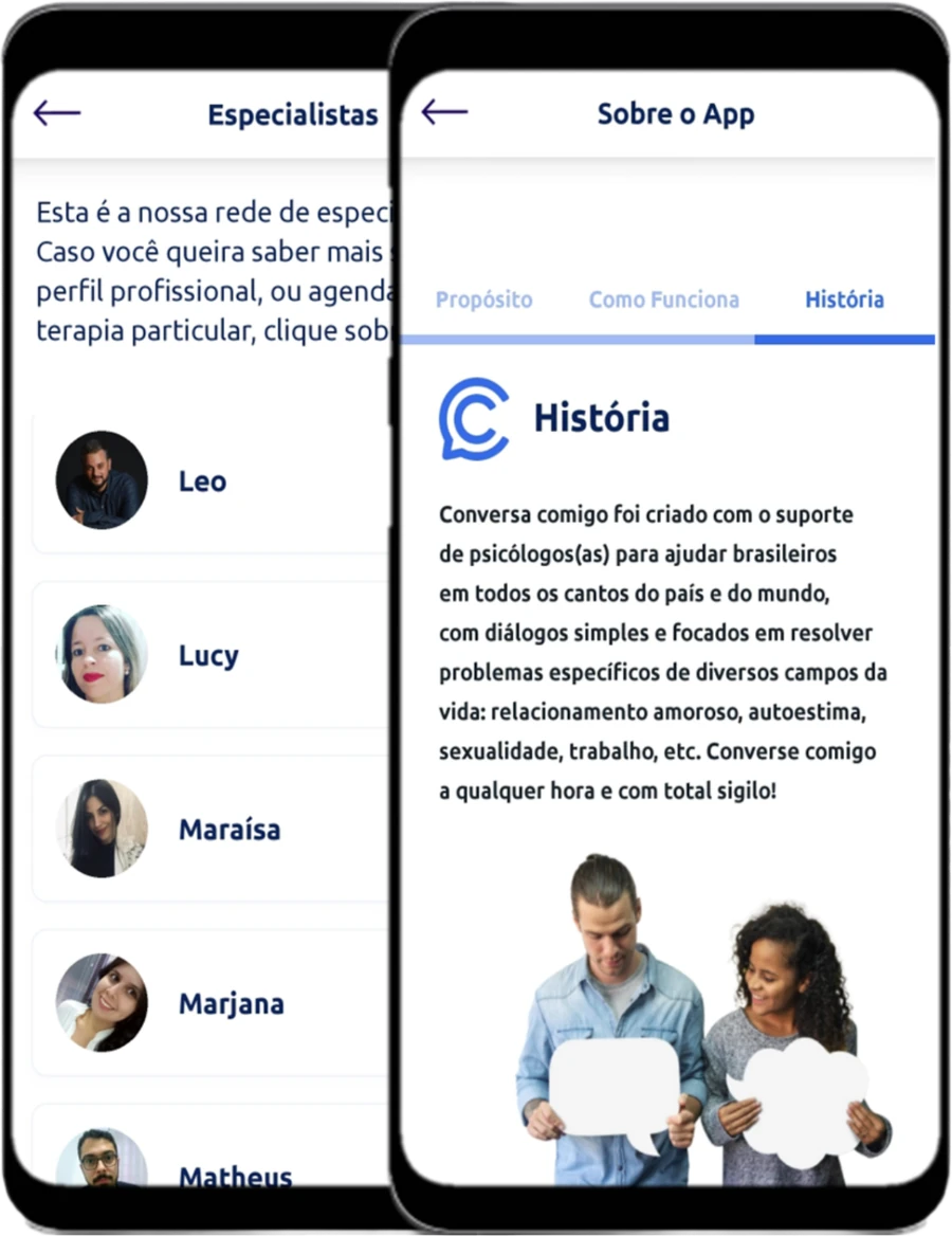 Duas telas do aplicativo: a lista de especialistas e a página “Sobre o App”, com a história do Conversa Comigo.