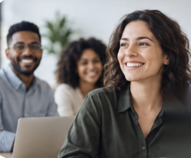 Equipe sorrindo em um escritório, com uma colaboradora em destaque no primeiro plano.